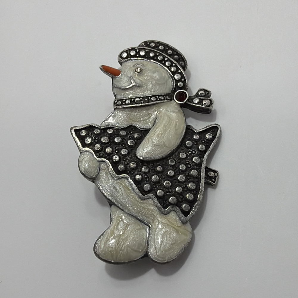 Vintage Pewter Enamel Snowman Brooch Pin with Top Hat Carrot & Christmas Tree